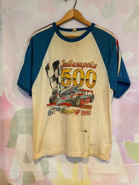 Vintage Other - Indianapolis 500 Men's Raglan Tee Cream & Blue Vintage Racing Graphic 1983 RARE